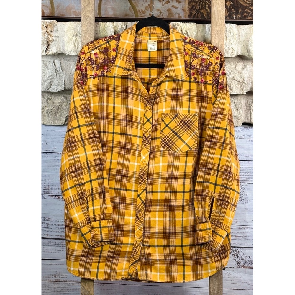 Terra & Sky Yellow Maroon Plaid Embroidered Flannel Shirt Womens 0X (14)